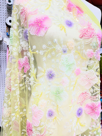 Pastel Garden Beaded Lace Fabric