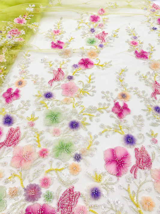 Pastel Garden Beaded Lace Fabric