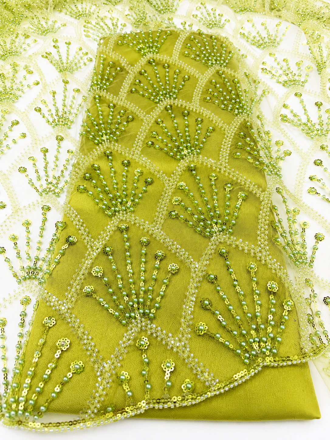 Olive Green Beaded Mesh Lace Fabric