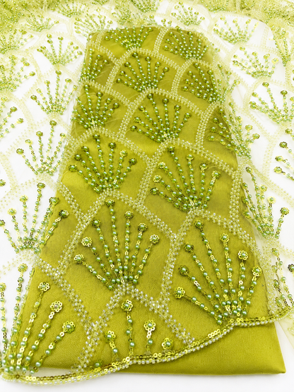 Olive Green Beaded Mesh Lace Fabric