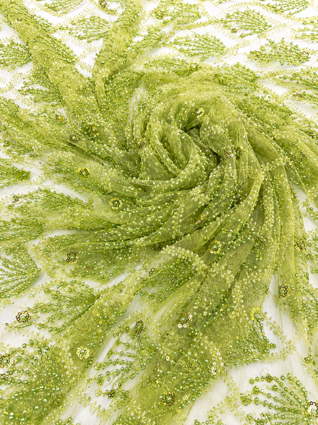 Olive Green Beaded Mesh Lace Fabric