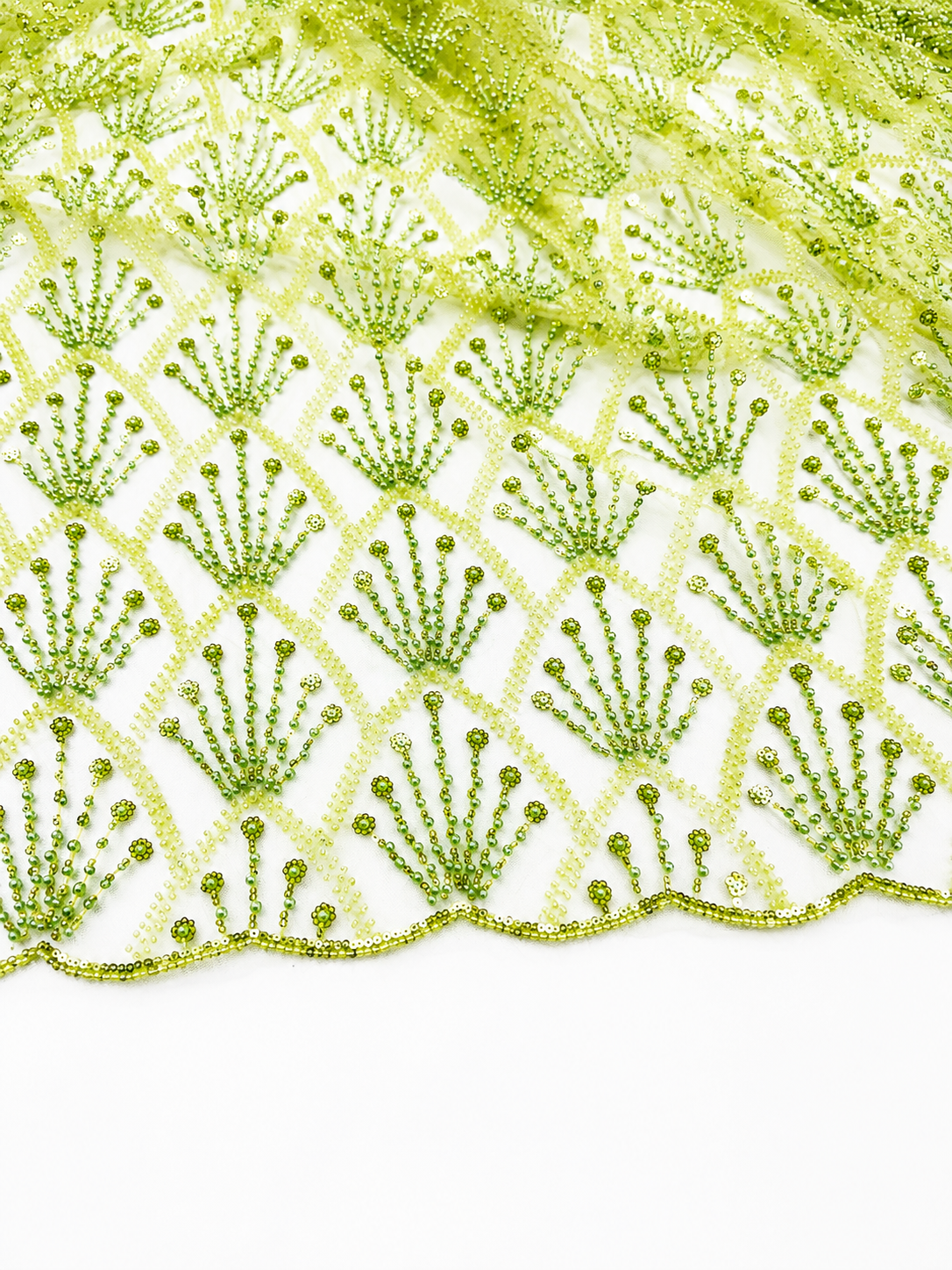 Olive Green Beaded Mesh Lace Fabric