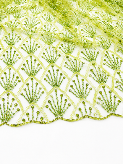 Olive Green Beaded Mesh Lace Fabric