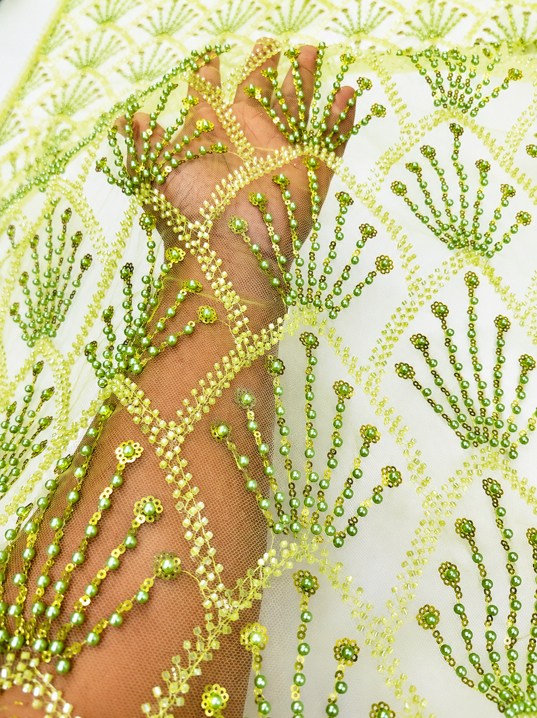 Olive Green Beaded Mesh Lace Fabric