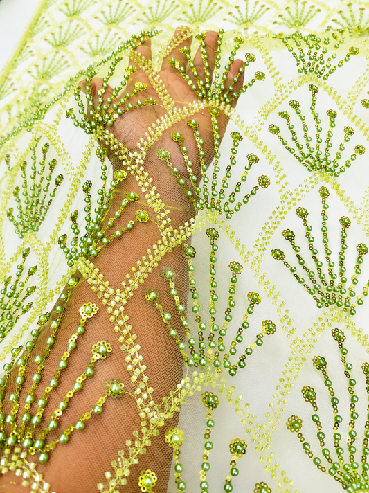 Olive Green Beaded Mesh Lace Fabric