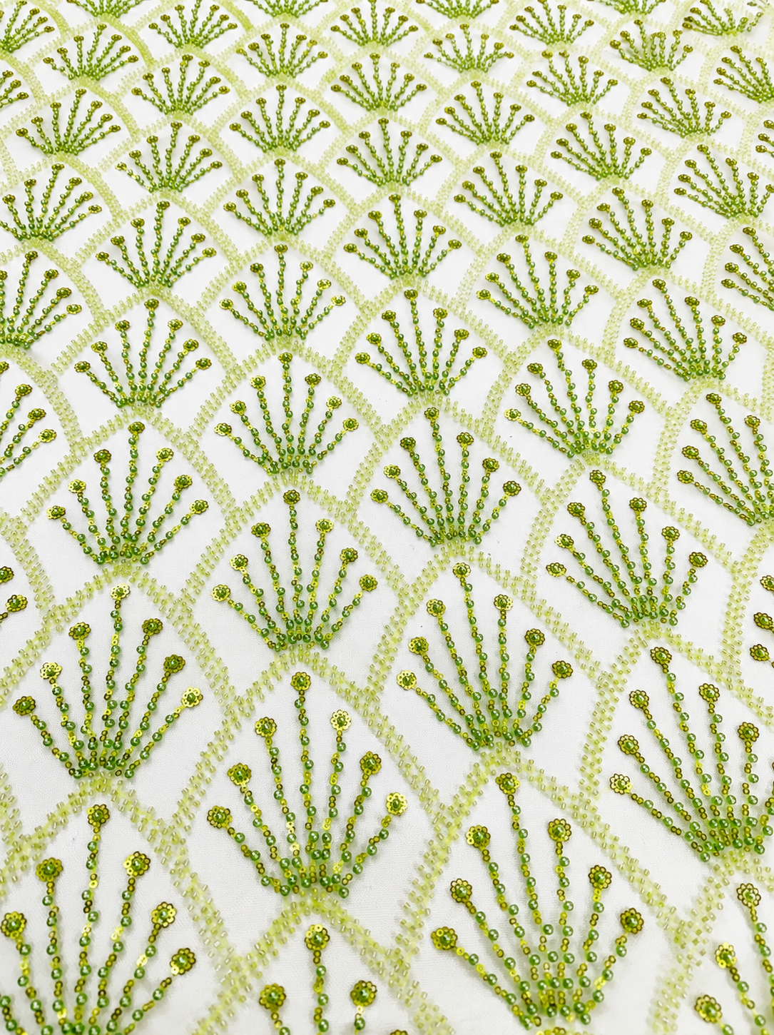 Olive Green Beaded Mesh Lace Fabric