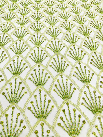Olive Green Beaded Mesh Lace Fabric