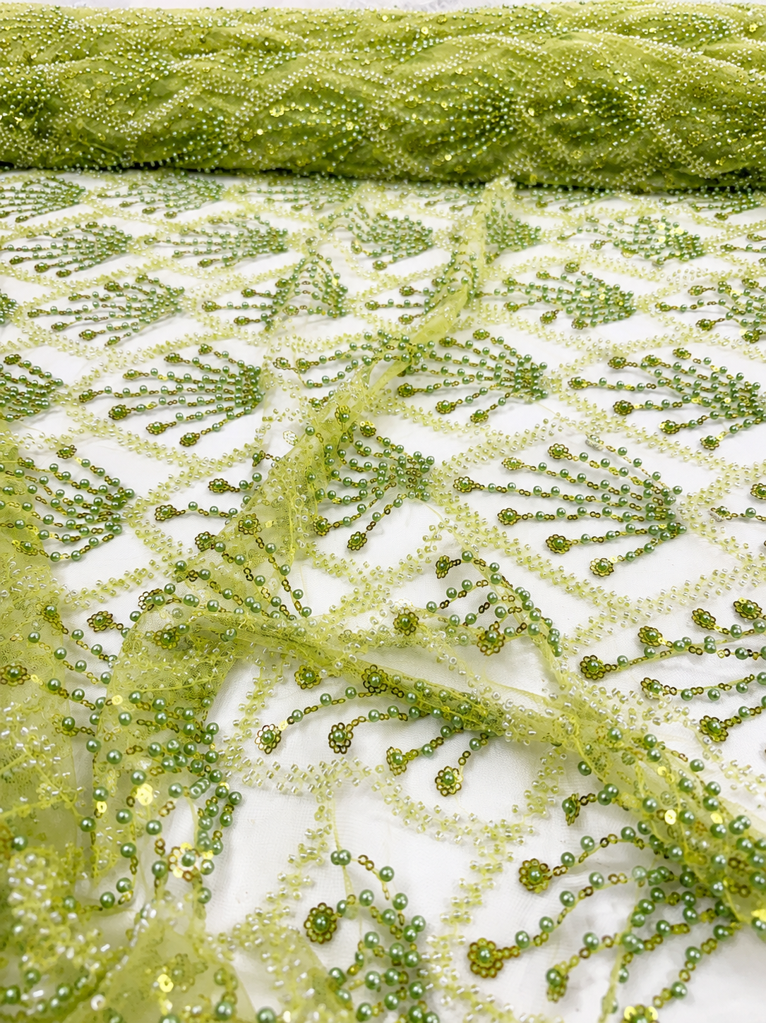 Olive Green Beaded Mesh Lace Fabric