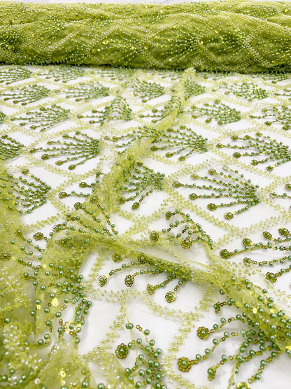 Olive Green Beaded Mesh Lace Fabric