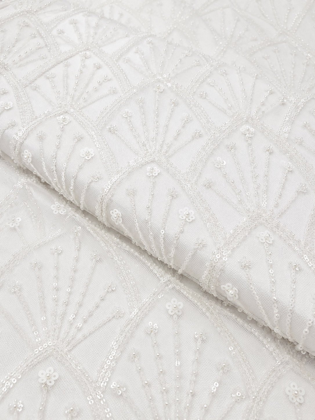 White Beaded & Sequin Mesh Lace Fabric
