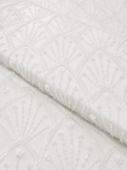White Beaded & Sequin Mesh Lace Fabric