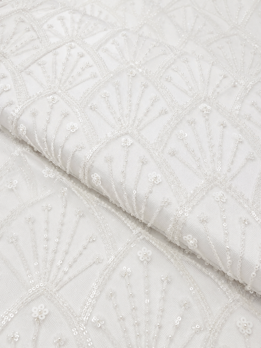 White Beaded & Sequin Mesh Lace Fabric