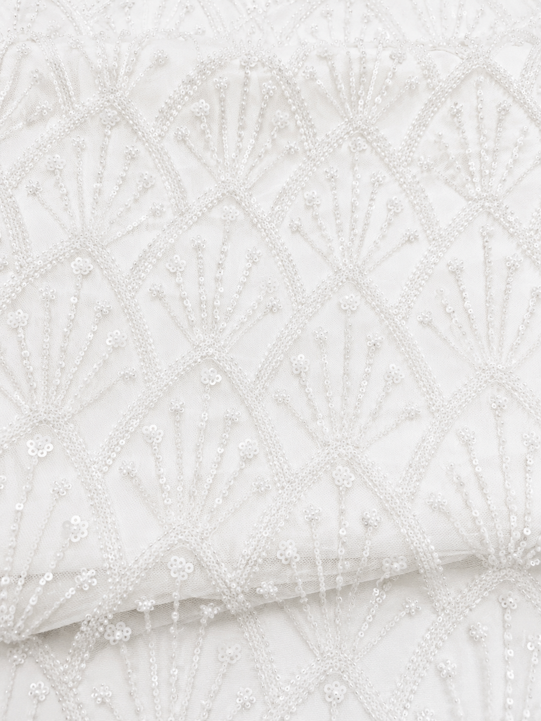 White Beaded & Sequin Mesh Lace Fabric