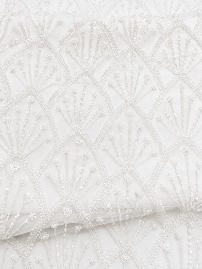 White Beaded & Sequin Mesh Lace Fabric