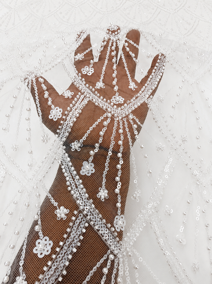 White Beaded & Sequin Mesh Lace Fabric
