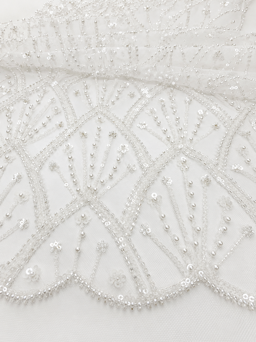 White Beaded & Sequin Mesh Lace Fabric