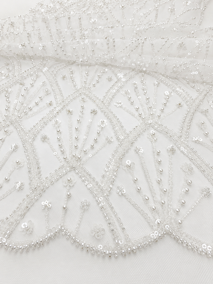 White Beaded & Sequin Mesh Lace Fabric