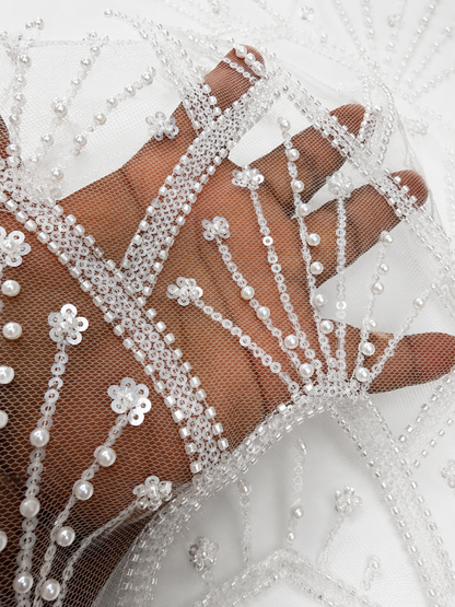 White Beaded & Sequin Mesh Lace Fabric