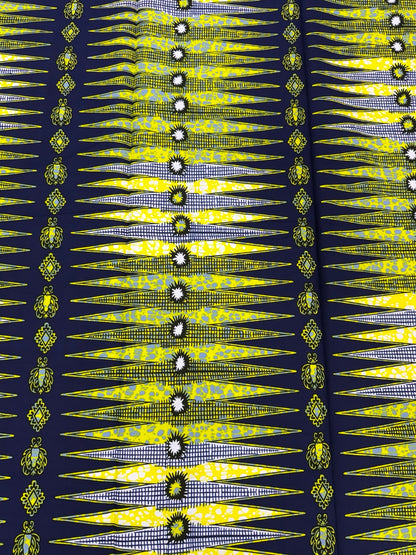 Premium African Wax Print Fabric – Navy & Gold Geometric Design