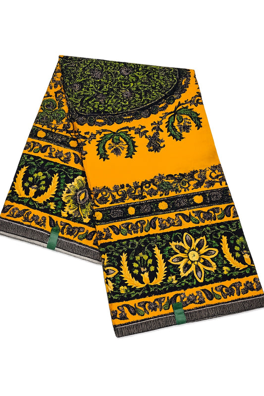 Golden Mustard Floral African Wax Print Fabric – 6 Yards