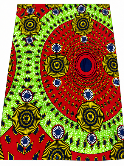 6-Yard Red & Lime Green African Wax Print Fabric | Premium Ankara Cotton