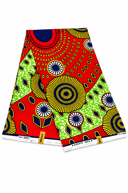 6-Yard Red & Lime Green African Wax Print Fabric | Premium Ankara Cotton
