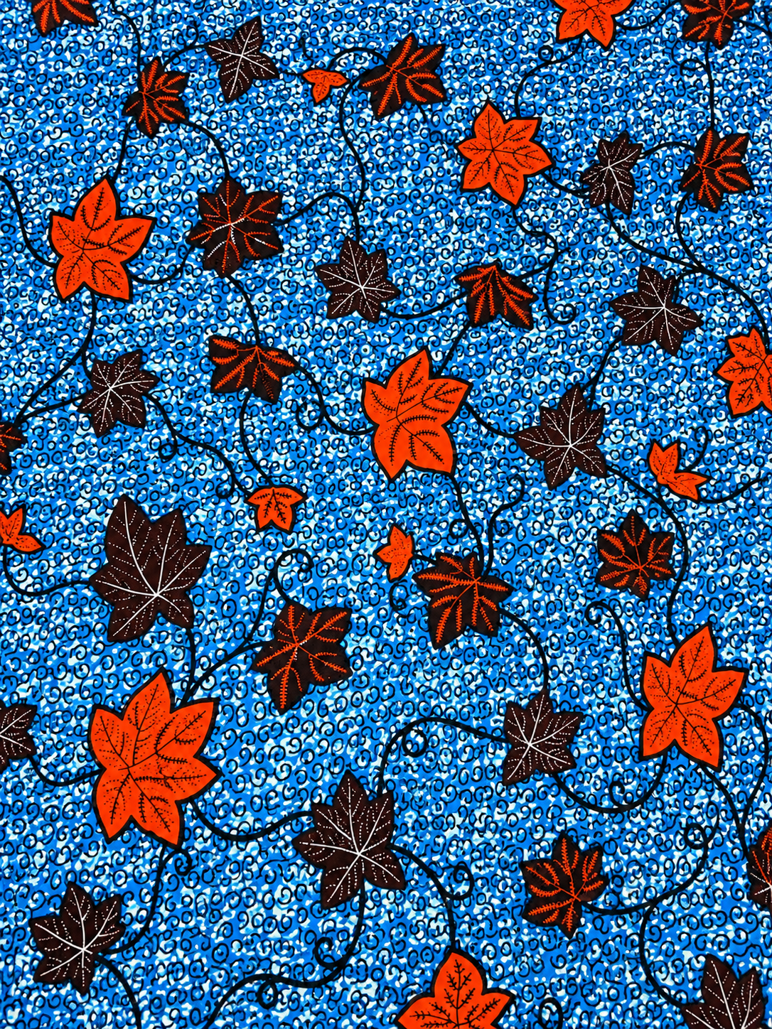 Blue & Orange Vine Leaf African Wax Print Fabric
