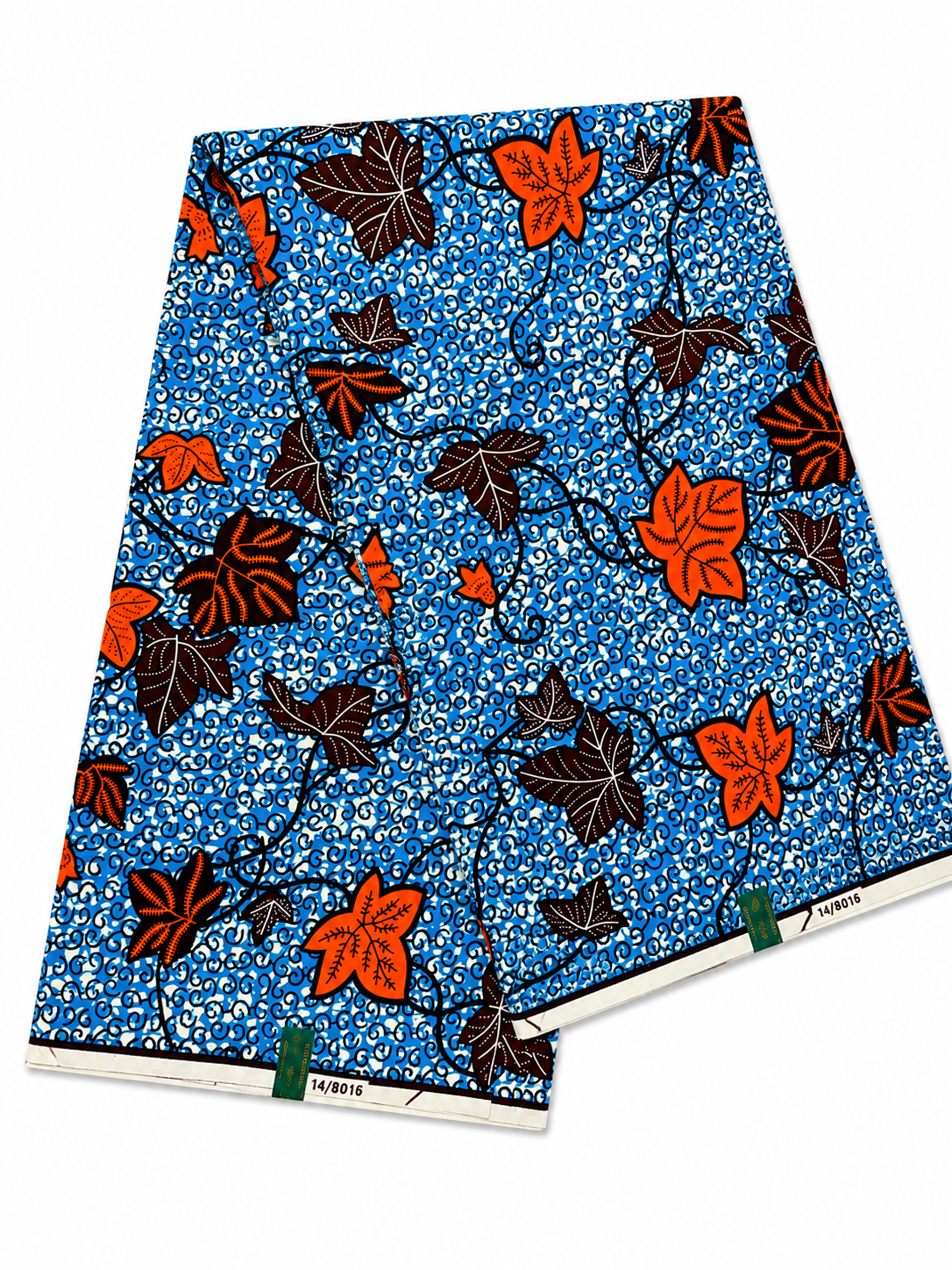 Blue & Orange Vine Leaf African Wax Print Fabric