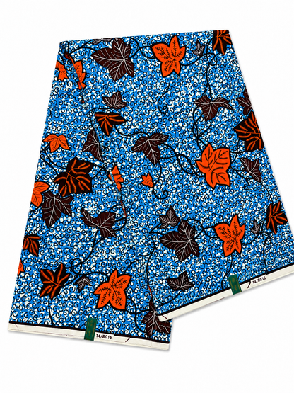 Blue & Orange Vine Leaf African Wax Print Fabric