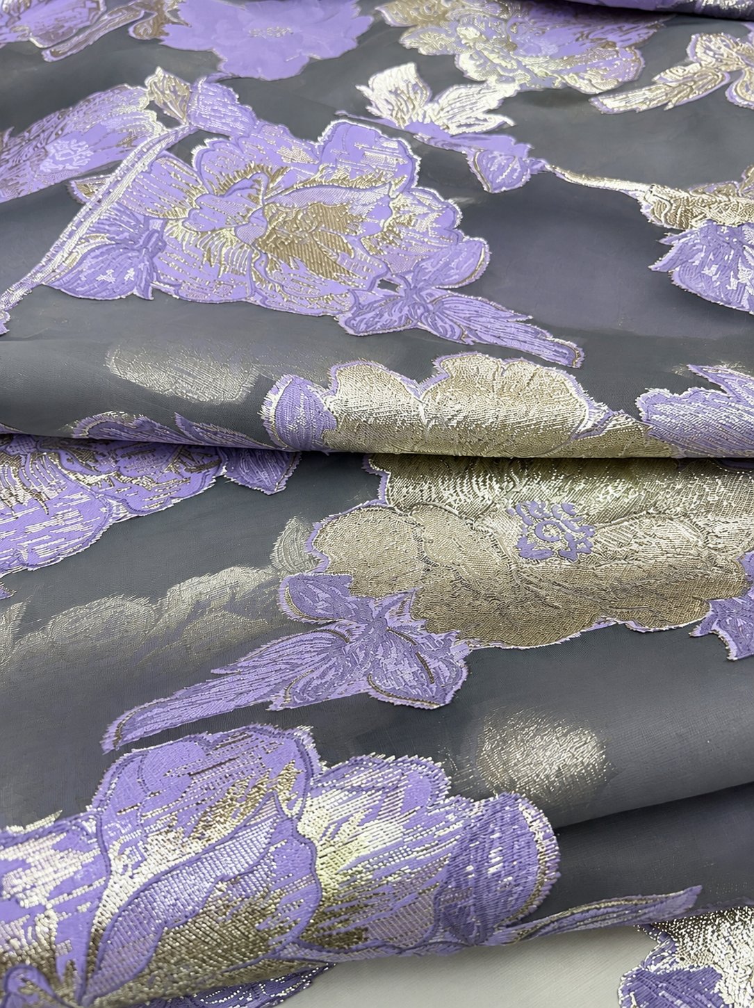 Luxury Purple & Silver Floral Organza Brocade Fabric