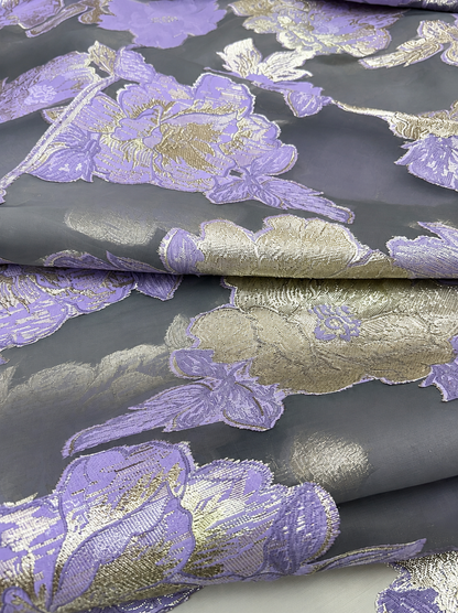 Luxury Purple & Silver Floral Organza Brocade Fabric