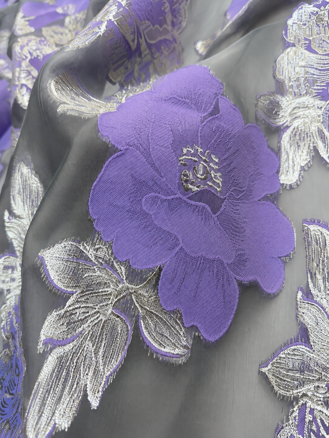 Luxury Purple & Silver Floral Organza Brocade Fabric