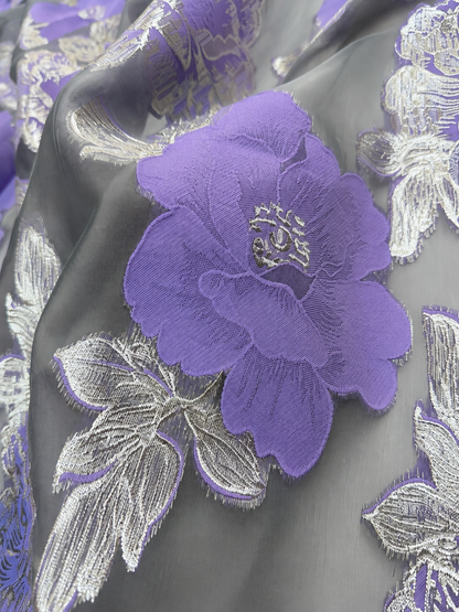 Luxury Purple & Silver Floral Organza Brocade Fabric