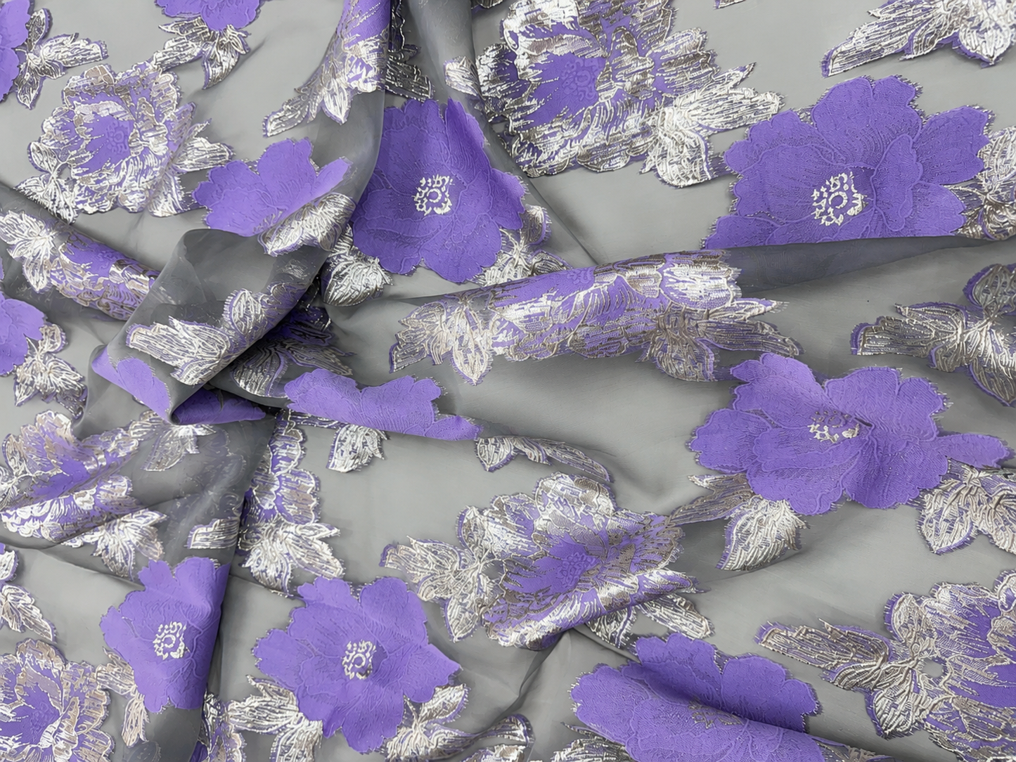 Luxury Purple & Silver Floral Organza Brocade Fabric