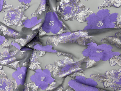 Luxury Purple & Silver Floral Organza Brocade Fabric