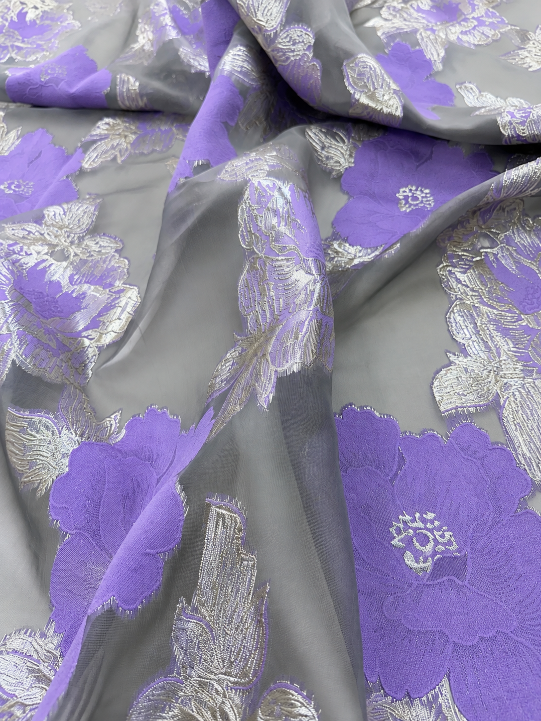 Luxury Purple & Silver Floral Organza Brocade Fabric