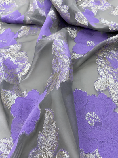 Luxury Purple & Silver Floral Organza Brocade Fabric