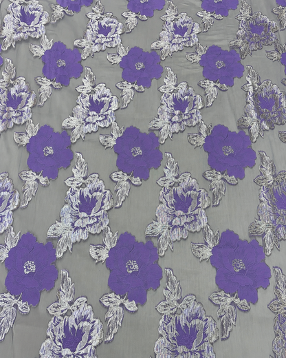Luxury Purple & Silver Floral Organza Brocade Fabric