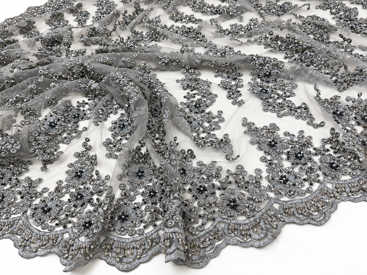 Silver Gray Luxury Beaded Lace Fabric