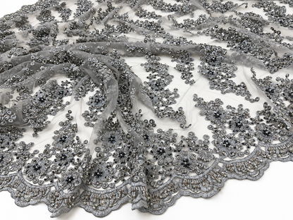 Silver Gray Luxury Beaded Lace Fabric