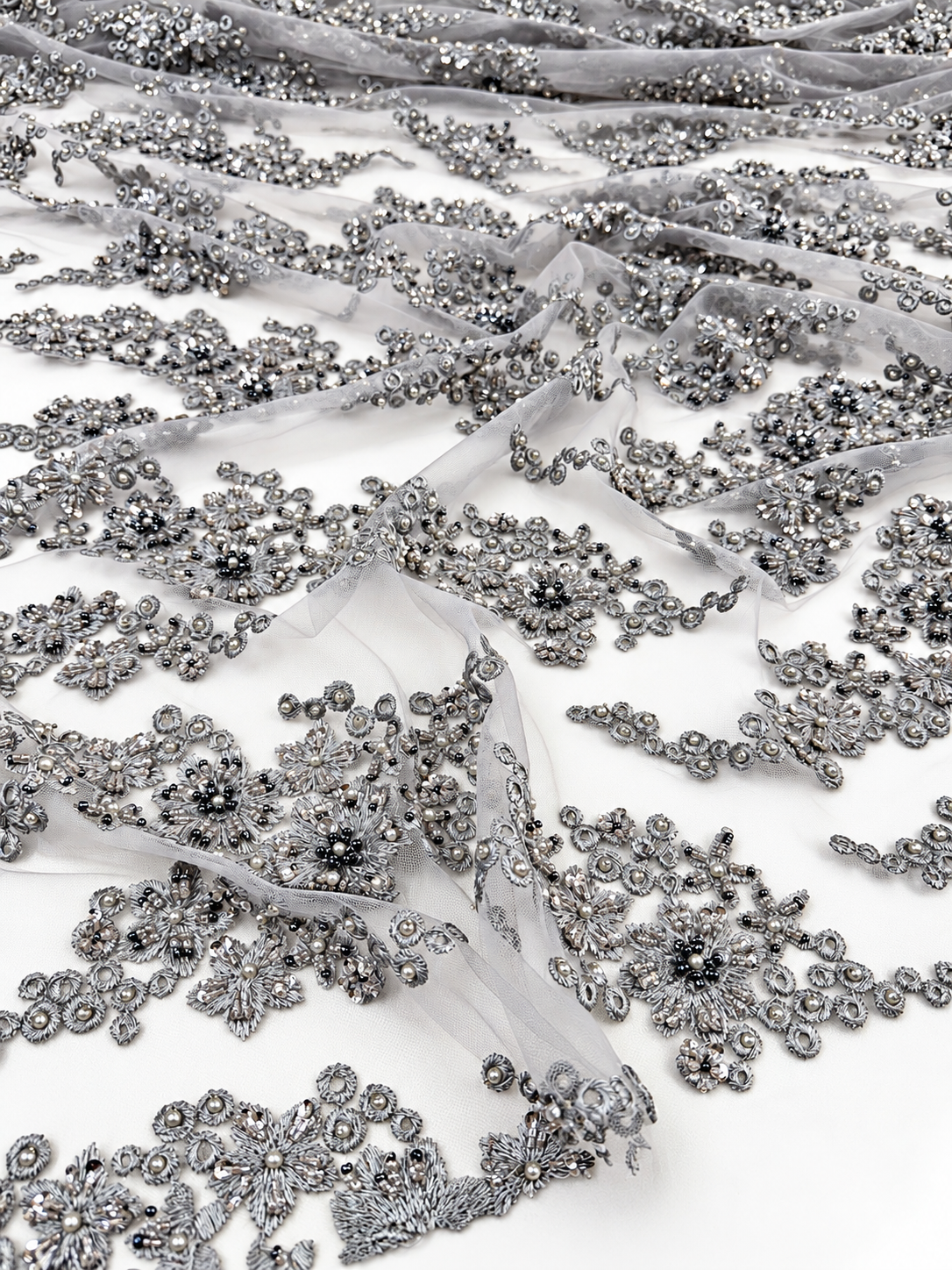 Silver Gray Luxury Beaded Lace Fabric