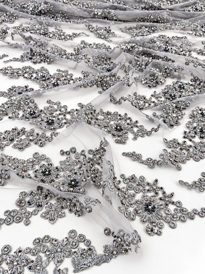 Silver Gray Luxury Beaded Lace Fabric