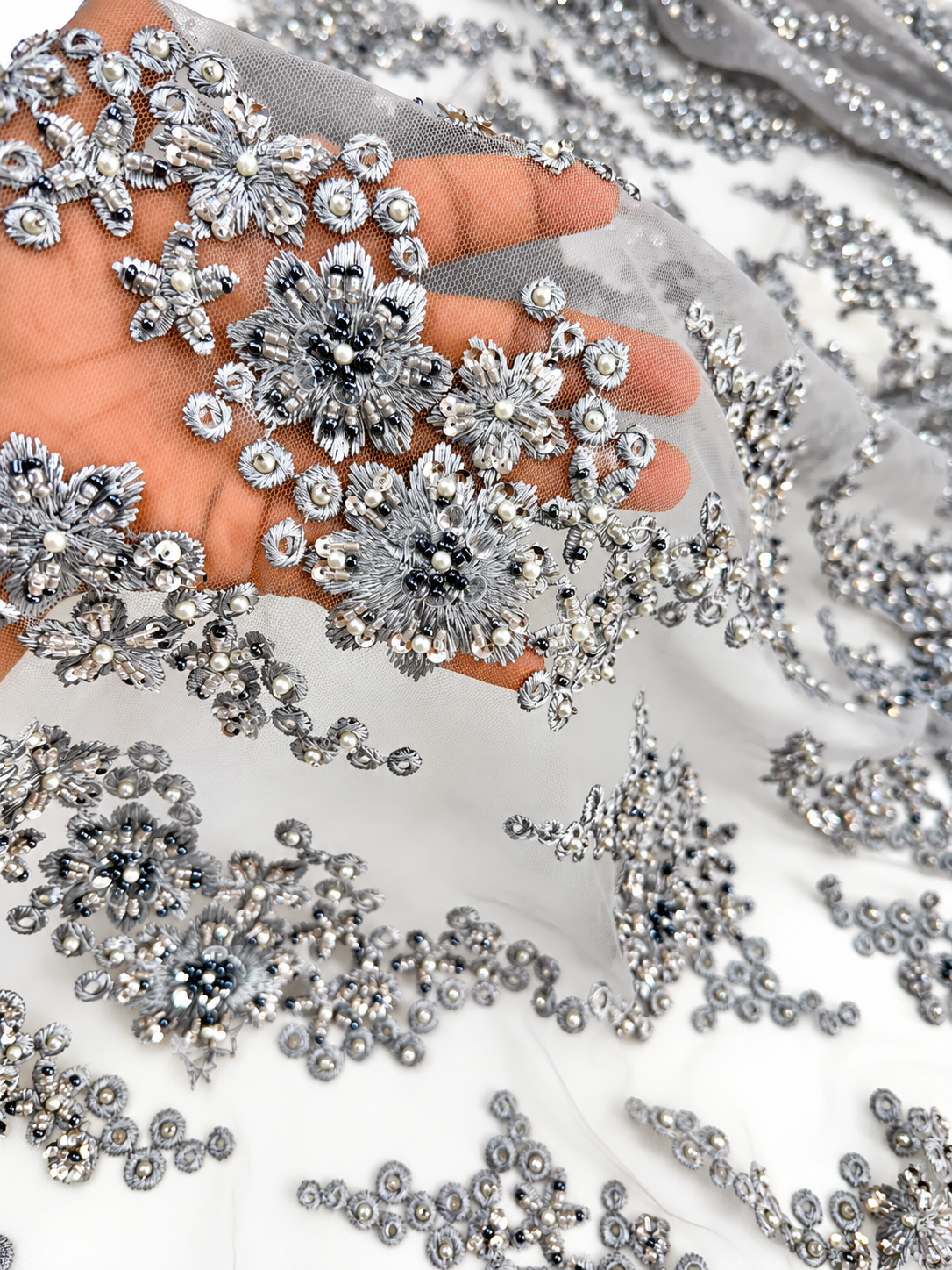 Silver Gray Luxury Beaded Lace Fabric