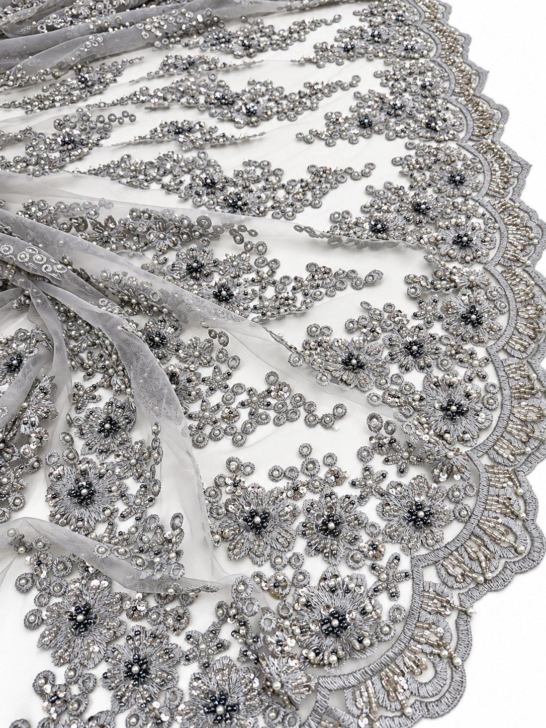 Silver Gray Luxury Beaded Lace Fabric