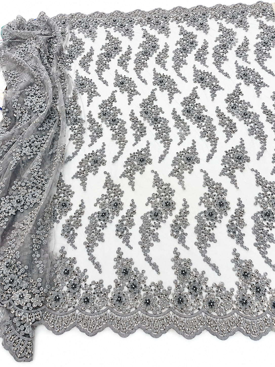 Silver Gray Luxury Beaded Lace Fabric
