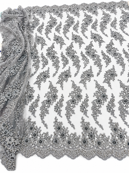 Silver Gray Luxury Beaded Lace Fabric