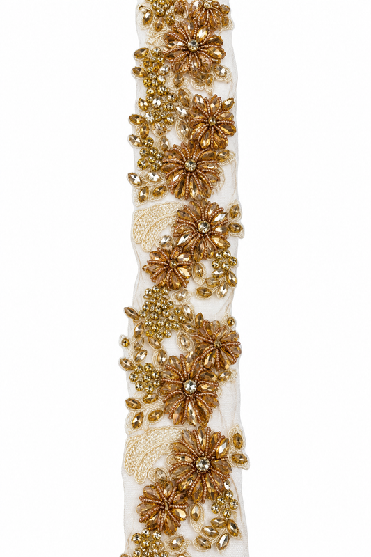 Gold Floral Rhinestone Beaded Lace Trim
