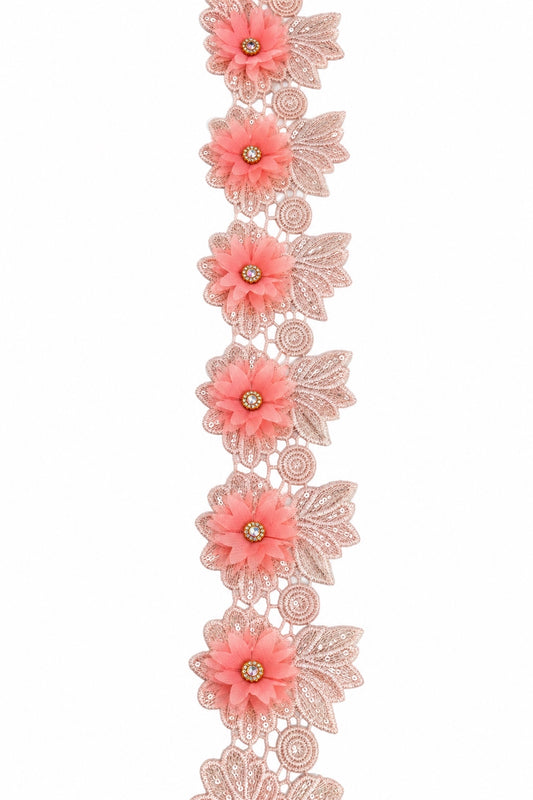 Coral Pink 3D Floral Sequin Lace Trim