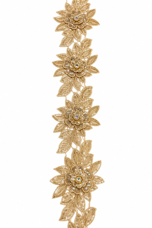 Champagne Gold 3D Floral Sequin Lace Trim