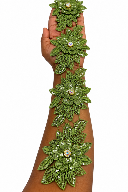 Olive Green 3D Floral Lace Trim with Sequins & Rhinestones – By the Yard